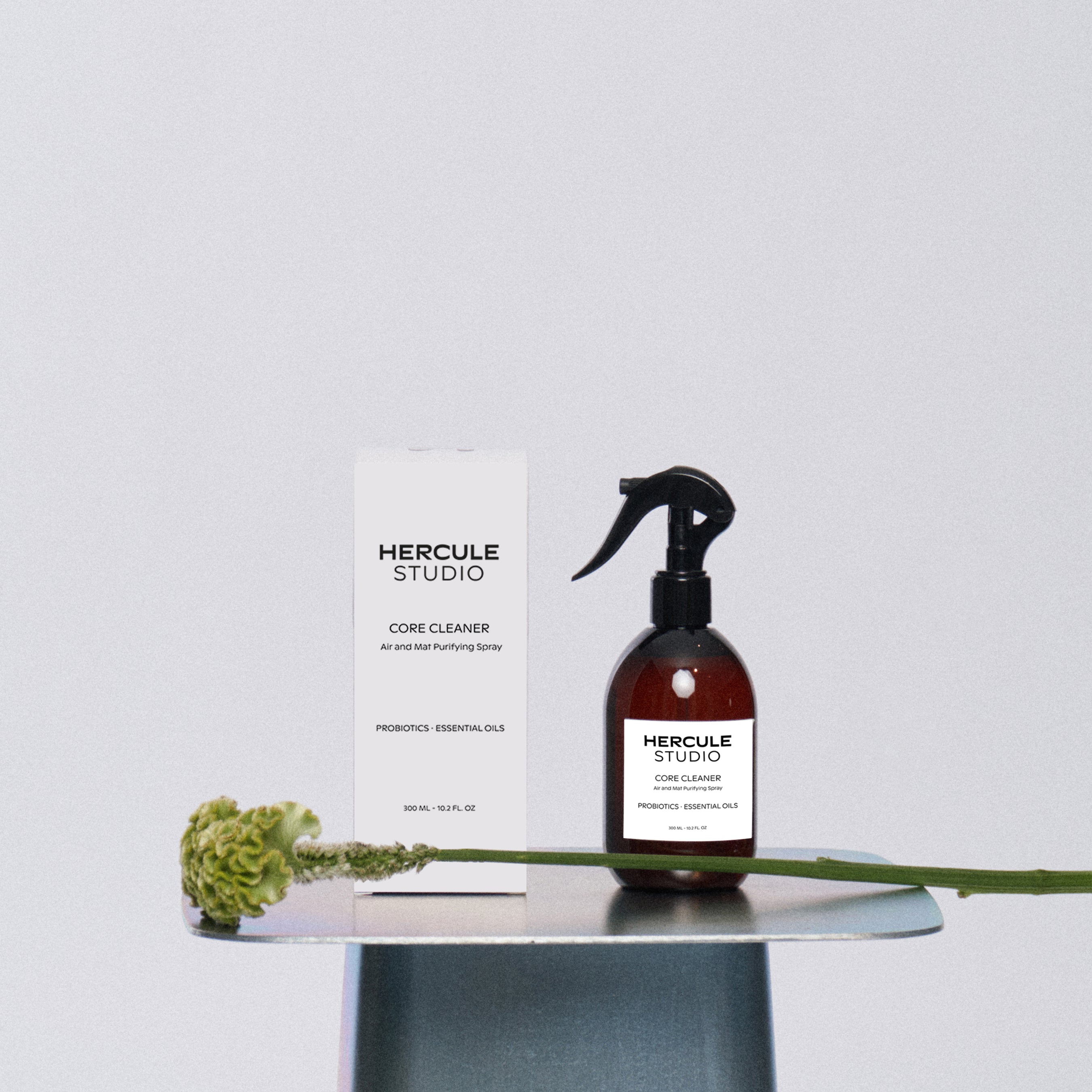 Patented 2-in-1 spray to sanitize your exercise mats and energize your workout space, made in France