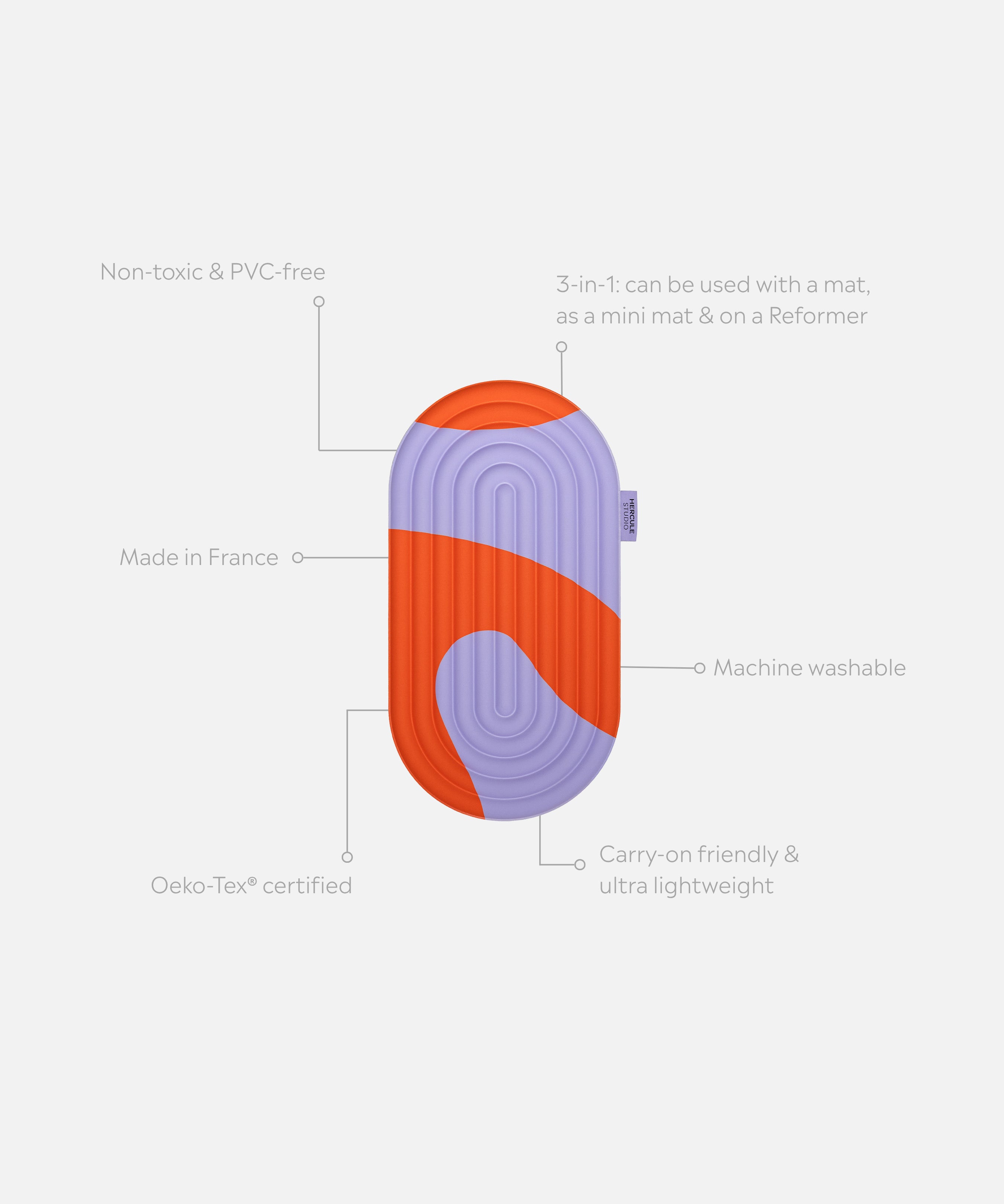 Pad Galé Hercule Studio déplié avec traits d’information – mini tapis 3‑en‑1 imprimé rouge et violet (Axel) – ergonomique pour genoux, coudes, fessiers, multi-usage nomade, compatible Pilates/Reformer, design français durable