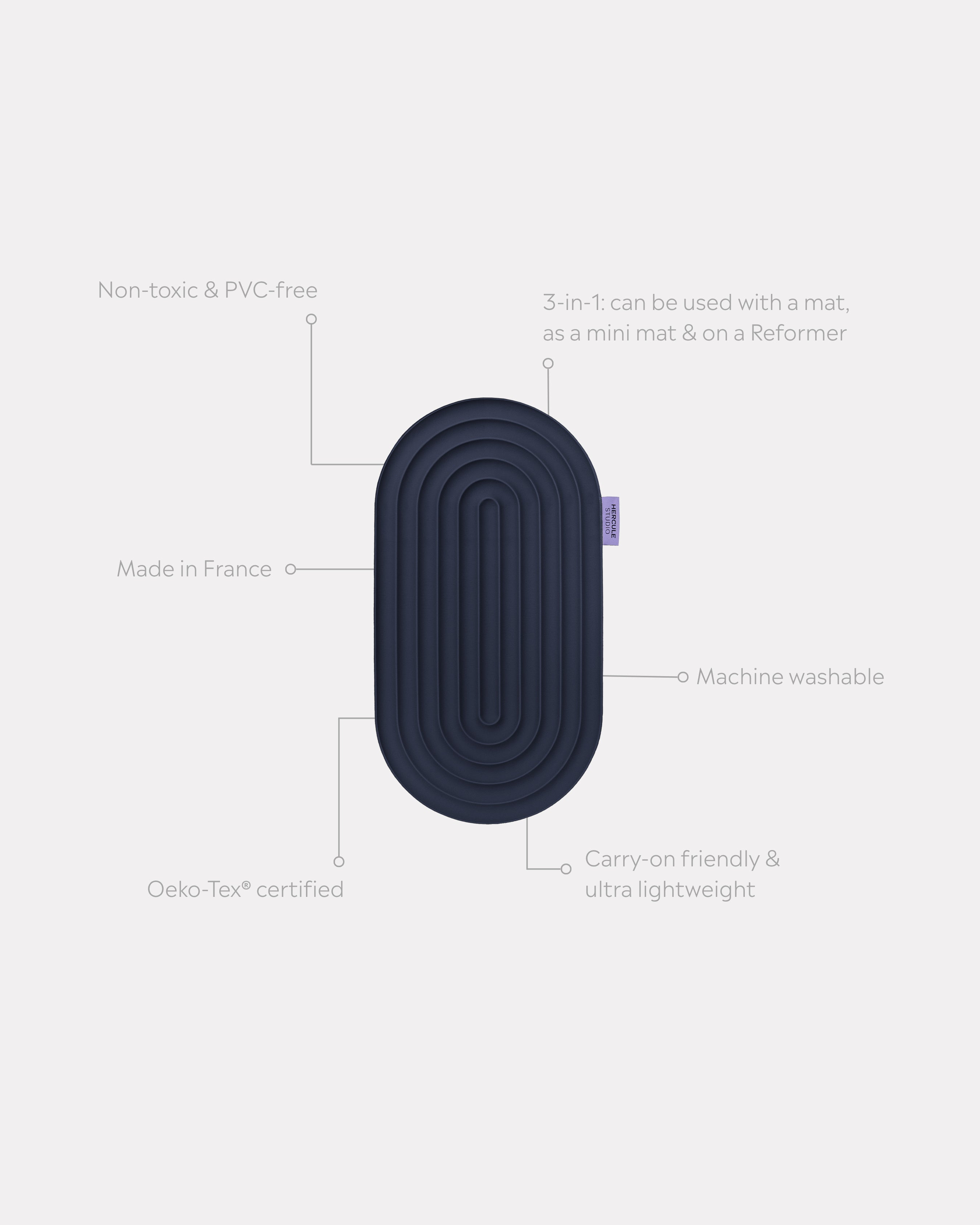 Pad Galé Hercule Studio déplié avec traits d'information – mini tapis 3‑en‑1 bleu marine (navy) – ergonomique pour genoux, coudes, fessiers, nomade et multi-usage, compatible Pilates/Reformer, design français durable
