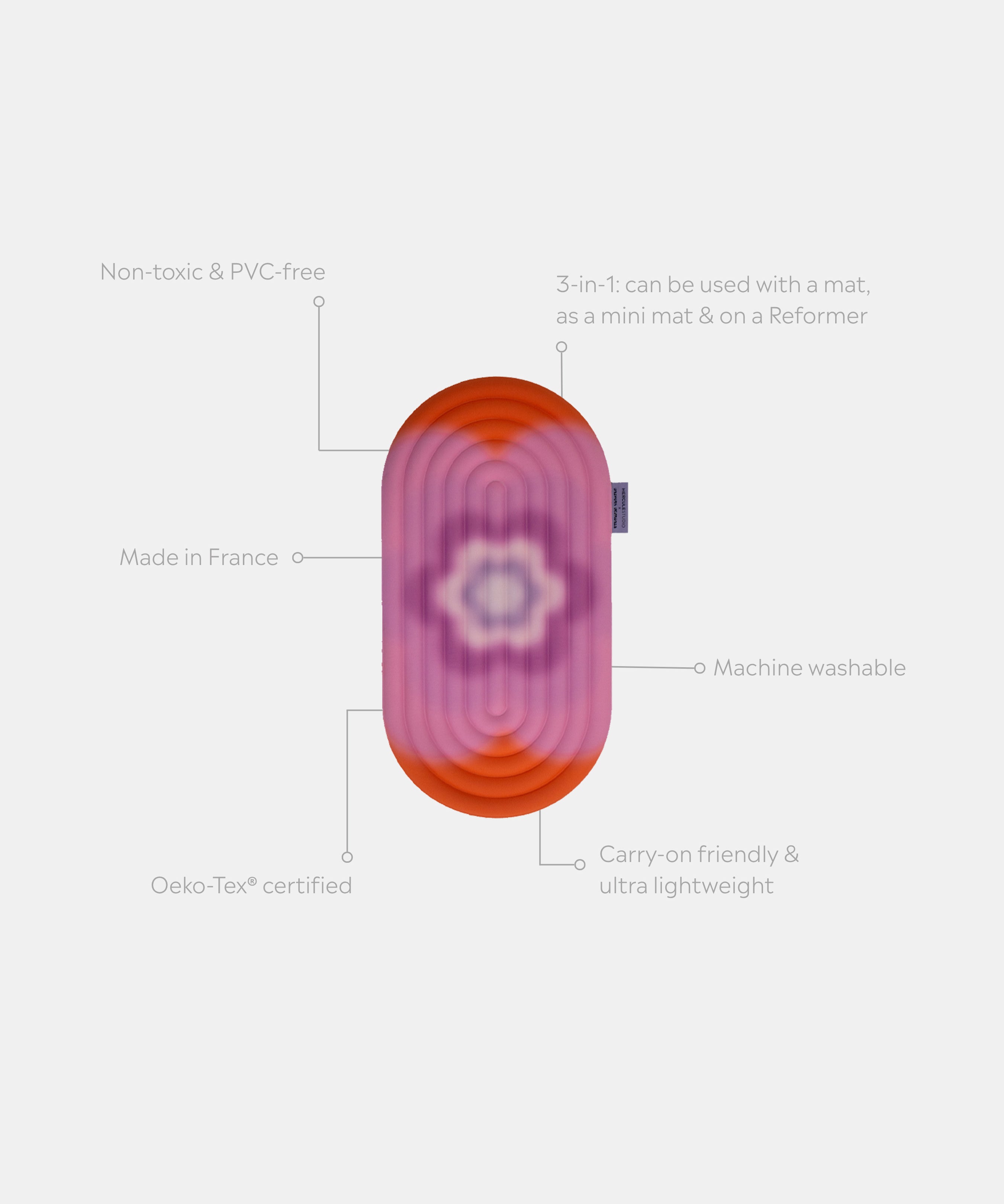 Mini tapis Galé Hercule Studio déplié avec éléments de réassurance – édition limitée Spring en collaboration avec Univers Uchronia, fond rose avec grande fleur – pad de confort 3‑en‑1 nomade, support ergonomique pour genoux, coudes, fessiers, compatible Reformer, design durable made in France