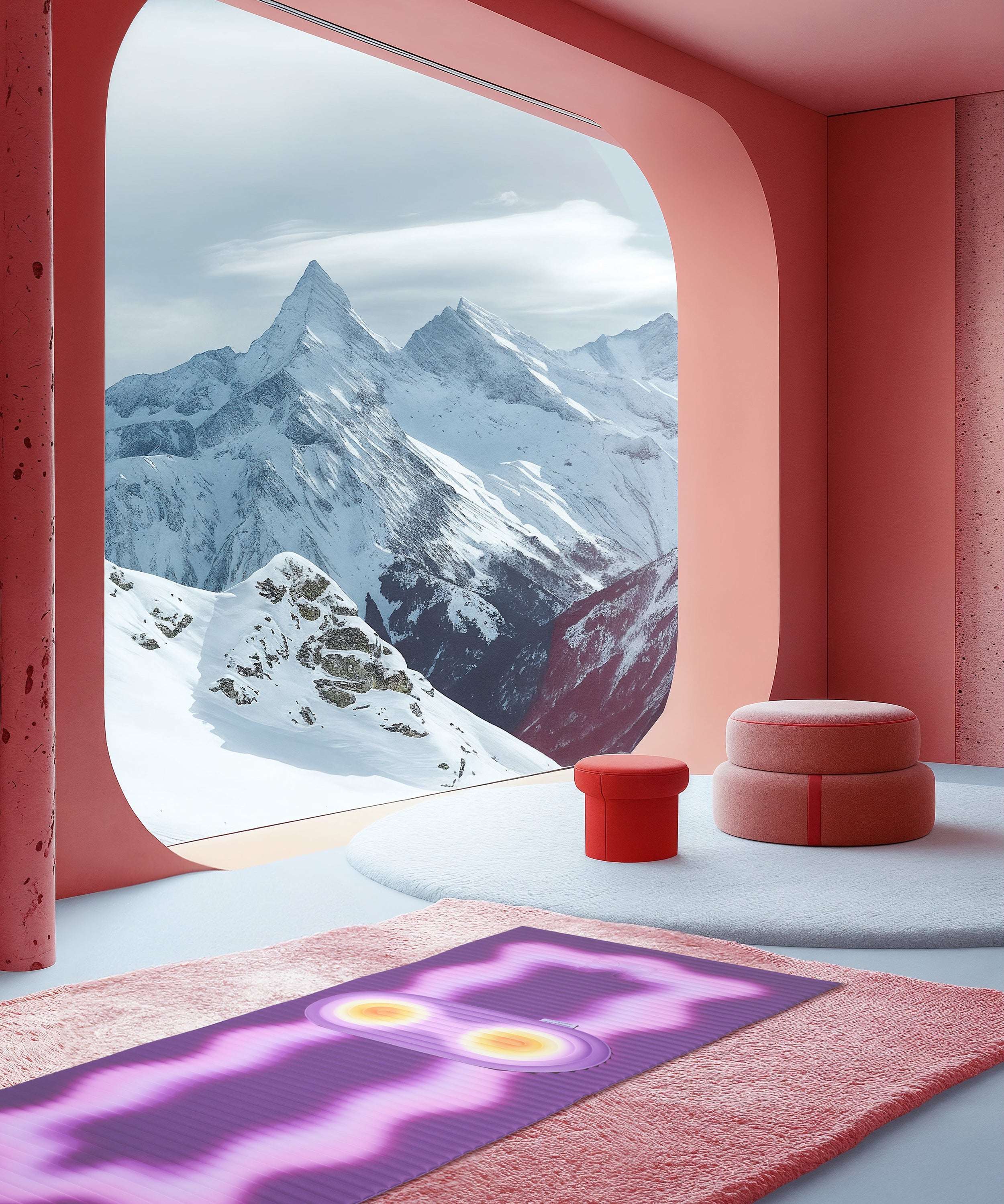 Mini floor mat and comfort pad by Hercule Studio and Uchronia, “Galé” model with “Fall” print on an ‘Archy’ sports mat featuring a “Winter Shooting Lifestyle” print set against a snowy backdrop, created by artificial intelligence
