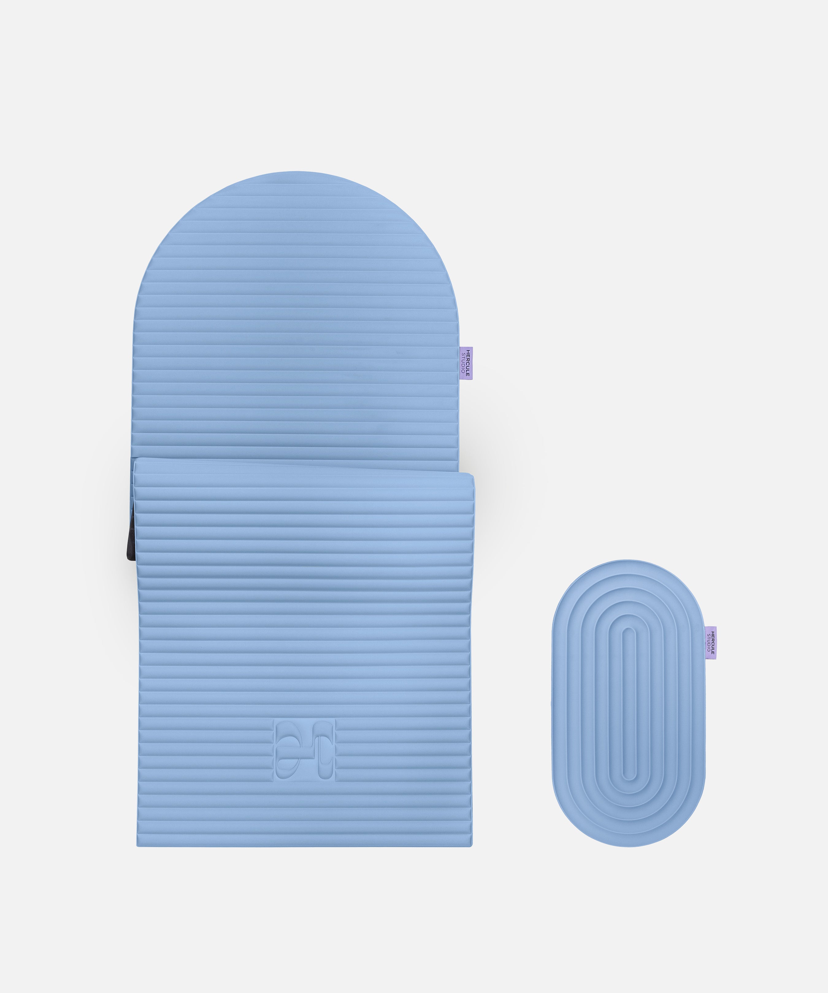 Ensemble confort Hercule Studio bleu jean avec tapis de sol Archy design et pad de confort Galé pour genoux, coudes et fessiers, idéal Pilates et Reformer, conception Made in France, packshot produits