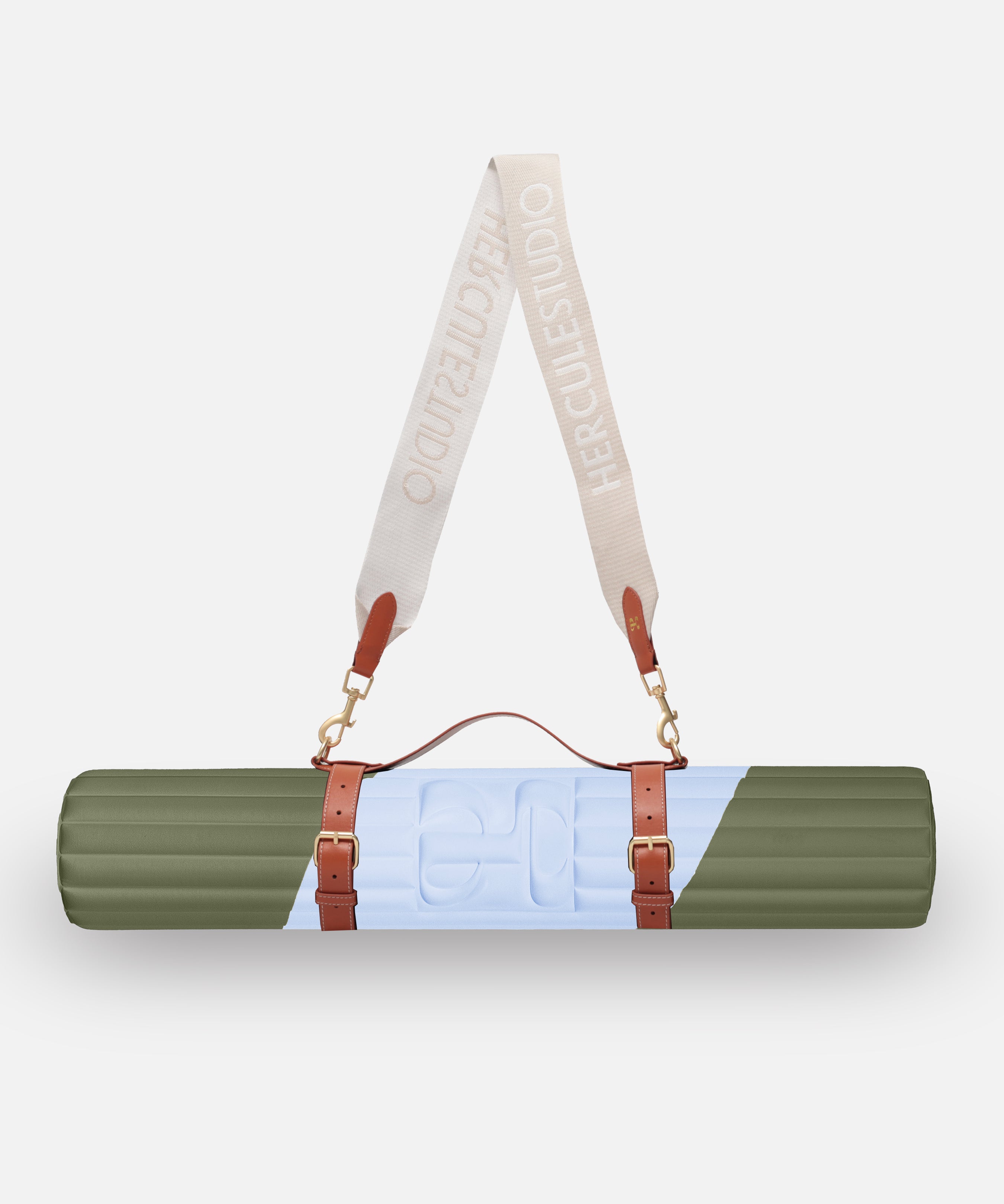 Set nomade Hercule Studio imprimé Axel kaki et bleu réunissant tapis Archy graphique et sangle de transport pour tapis de sport, duo design et fonctionnel pour pilates et fitness en déplacement, packshot