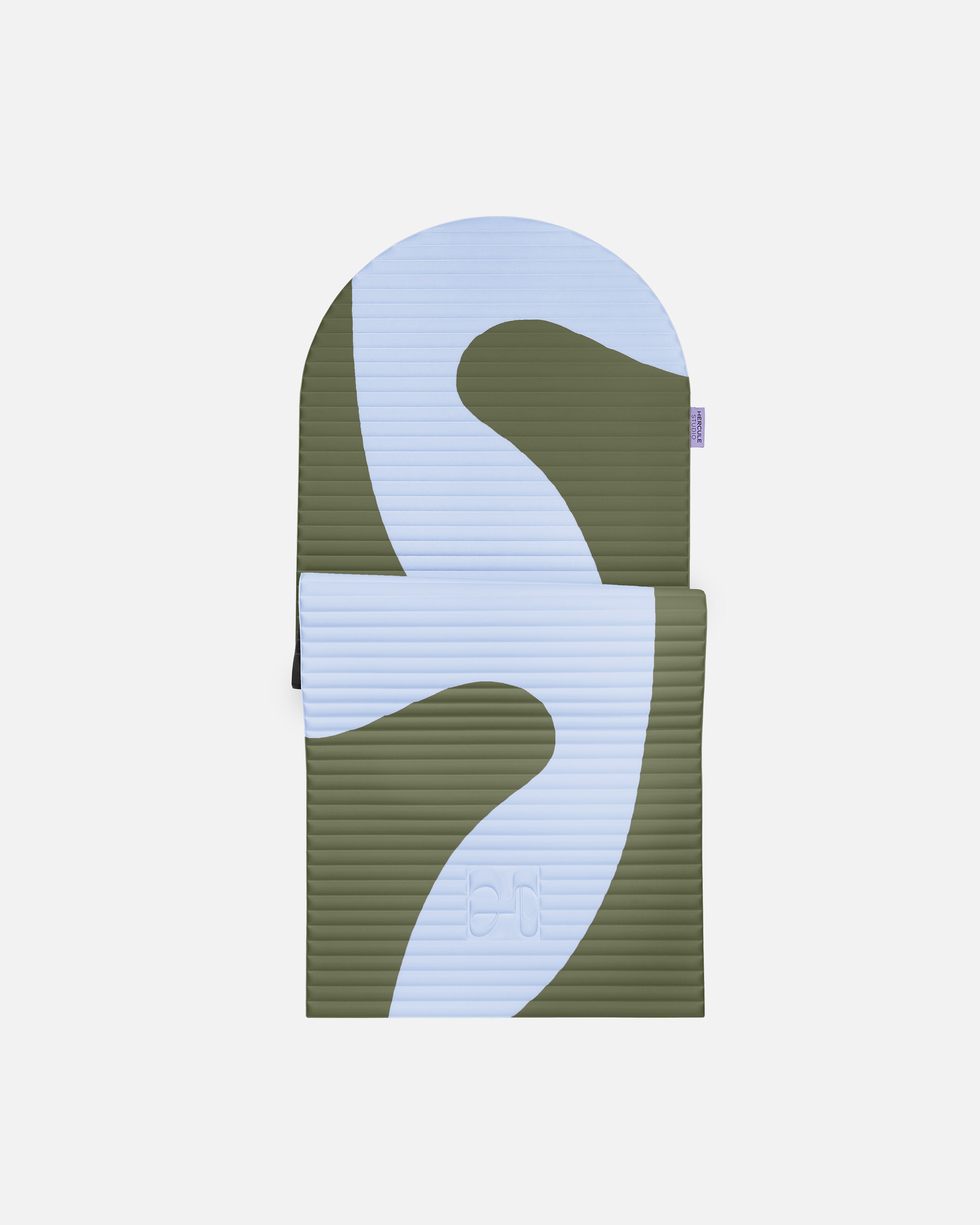 Hercule Studio Archy khaki and blue printed (Axel) arch-shaped sport mat, durable Made in France design mat for fitness, Pilates and stretching, half unrolled view
