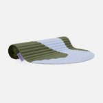 Hercule Studio Archy khaki and blue printed (Axel) design sport mat, durable mat for fitness and Pilates, half rolled view