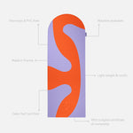 Hercule Studio Archy red and purple printed (Axel) unrolled sport mat, premium Made in France design mat for fitness, Pilates and stretching, with annotations highlighting key features and quality points