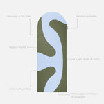 Hercule Studio Archy khaki and blue printed (Axel) unrolled sport mat, premium Made in France design mat for fitness, Pilates and stretching, with annotations highlighting key features and quality points