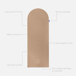 Tapis de sport déplié Hercule Studio Archy beige (dune), tapis de sol design durable et premium Made in France pour fitness, pilates et étirements, avec annotations montrant les caractéristiques et points de qualité du produit