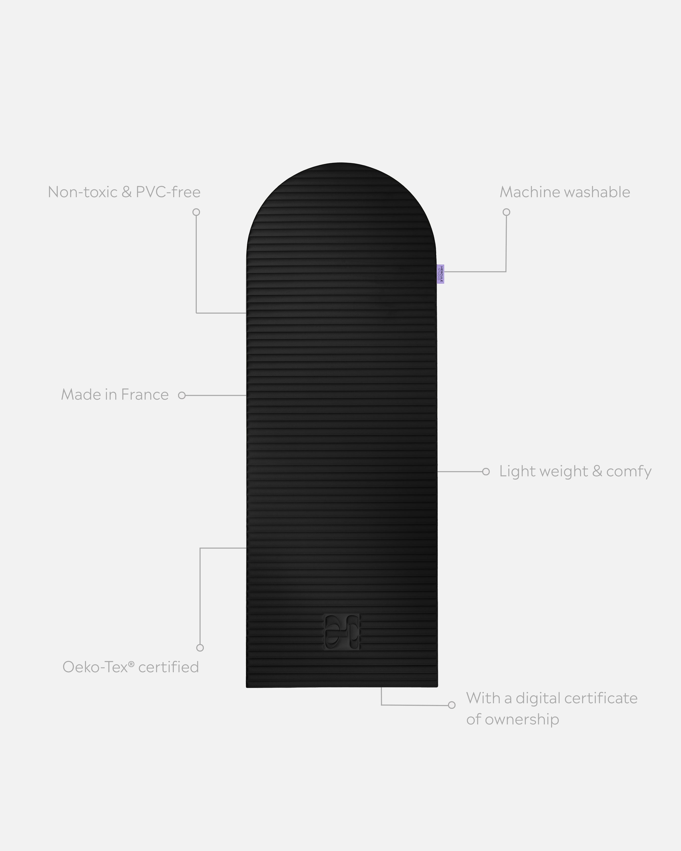 Tapis de sport déplié Hercule Studio Archy noir (outrenoir), tapis de sol design durable et premium Made in France pour fitness, pilates et étirements, avec annotations montrant les caractéristiques et points de qualité du produit