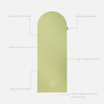 Tapis de sport déplié Hercule Studio Archy vert clair (pistache), tapis de sol design durable et premium Made in France pour fitness, pilates et étirements, avec annotations montrant les caractéristiques et points de qualité du produit