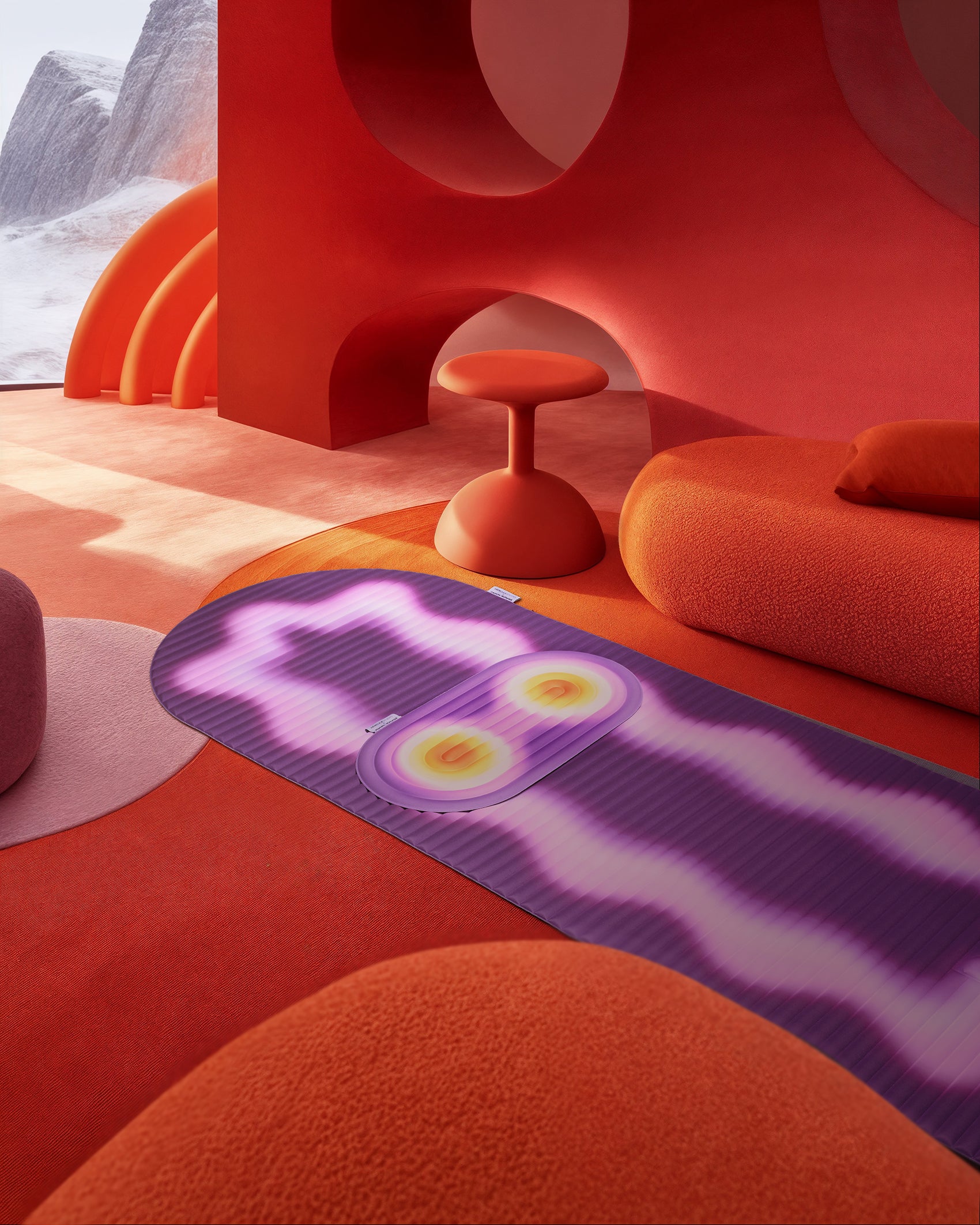 Tapis de sol pour le fitness le yoga et le pilates de la marque hercule studio en collaboration avec uchronia modèle archy imprimé winter shooting déplié fond paysage enneigé réalisé par l'IA