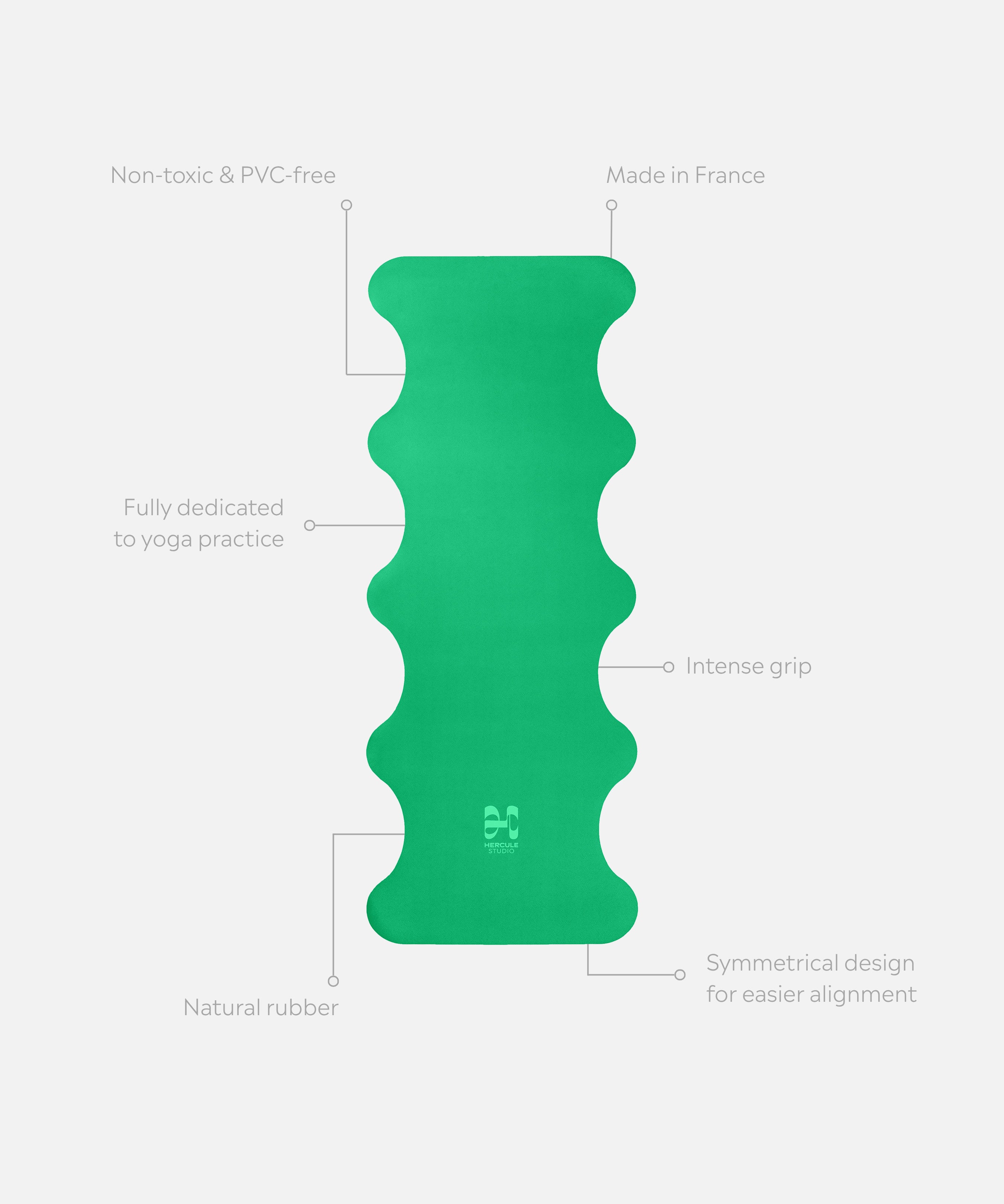 Tapis de yoga Mar vert Golf Green déplié, visuel explicatif des bénéfices produit, adhérence forte, matière naturelle éco-responsable