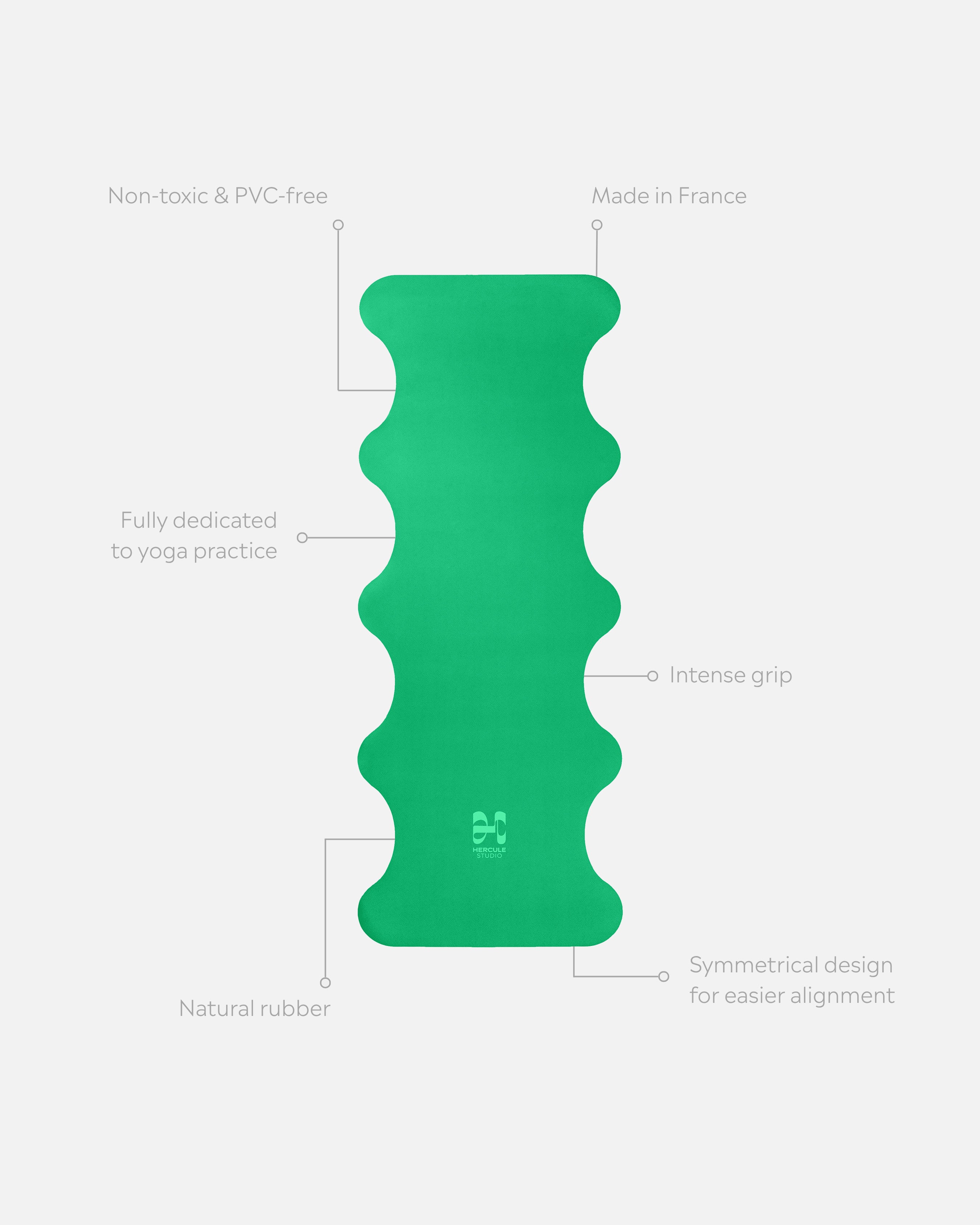 Mar Golf Green yoga mat unrolled, visual explainer of product benefits, strong grip, eco-friendly natural material