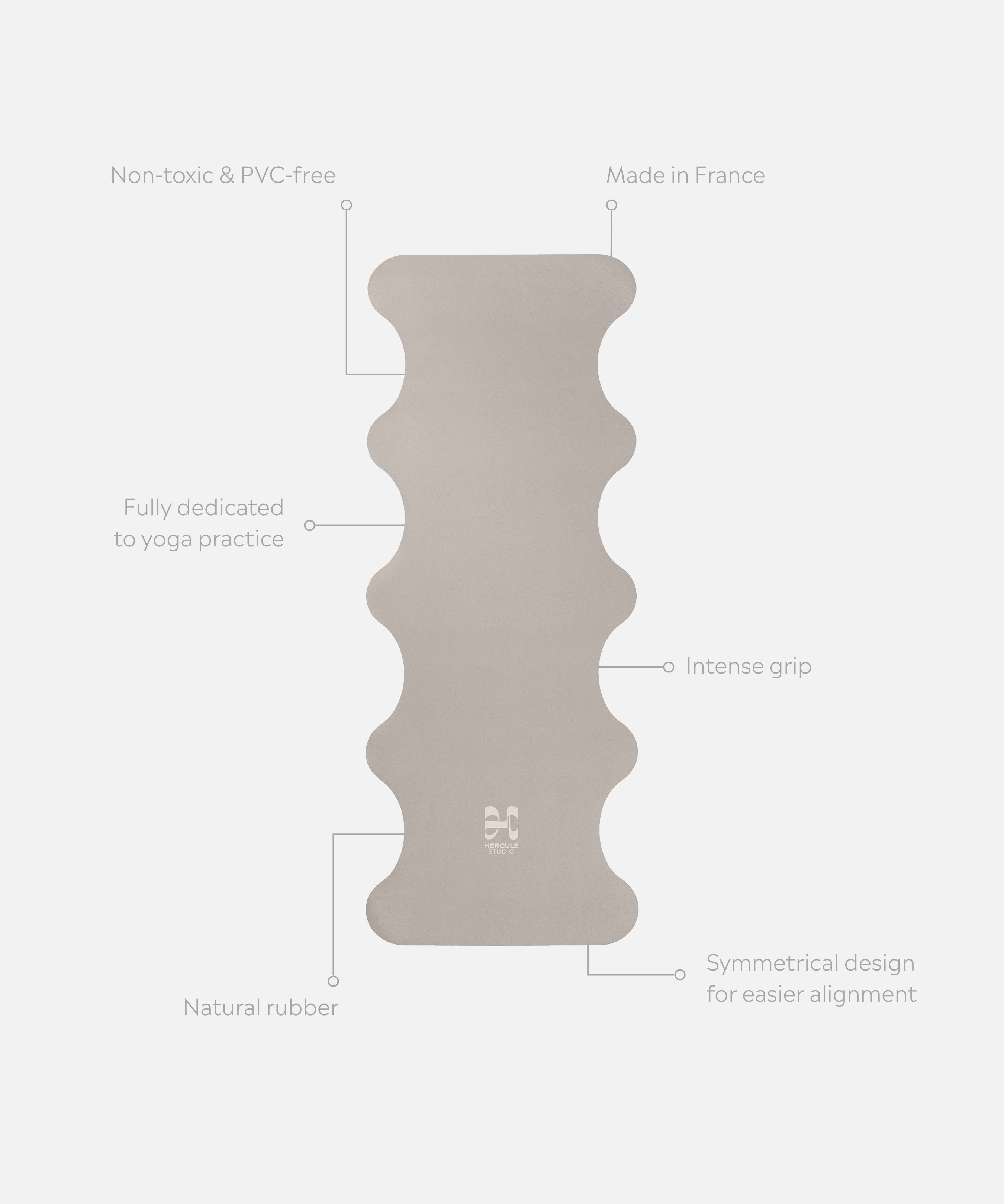 Tapis de yoga Mar Greige déplié avec annotations produit, sans PVC, grip élevé et confort optimal pour pratique yoga régulière