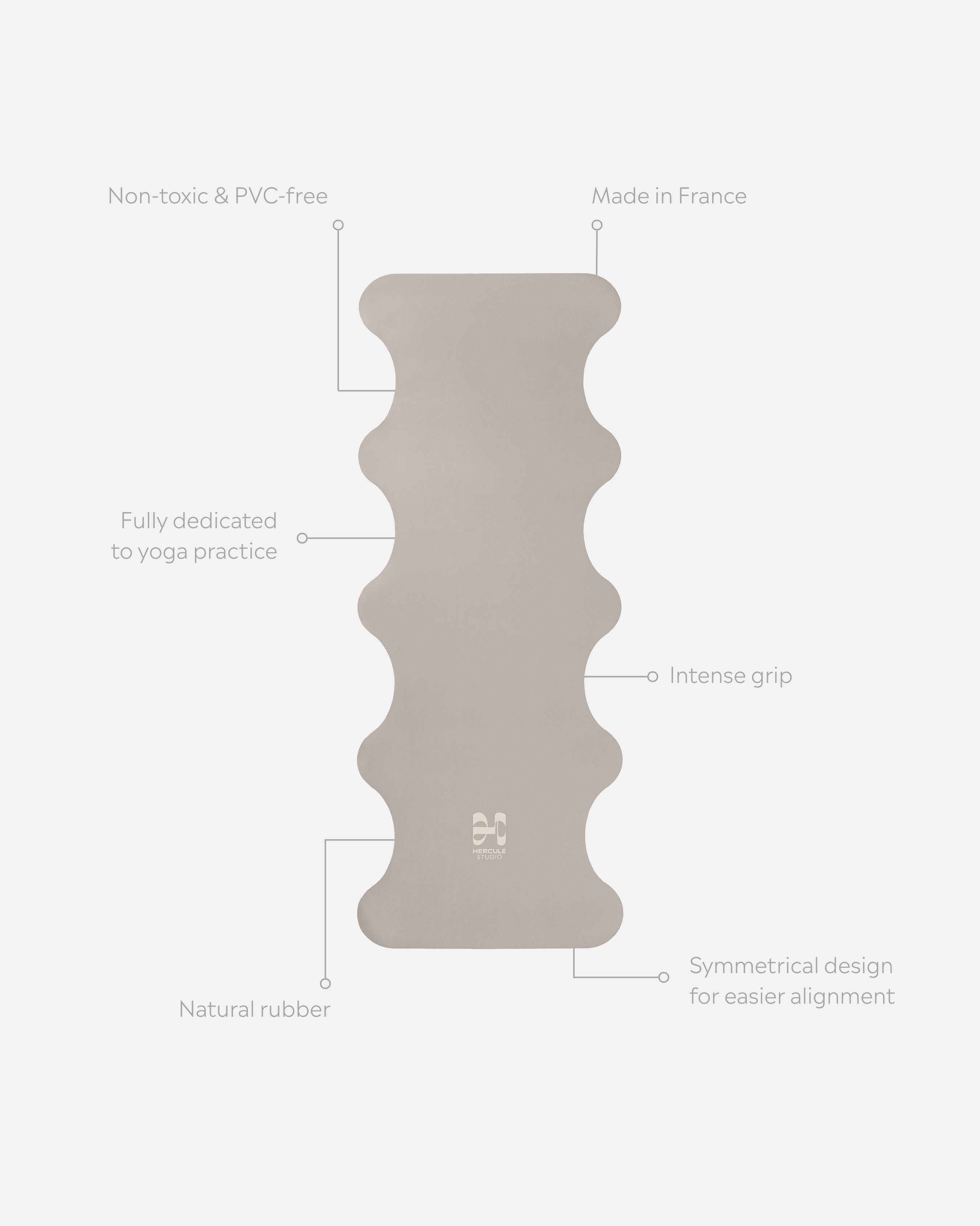 Mar Greige yoga mat unrolled with product annotations, PVC-free, high grip and optimal comfort for regular yoga practice