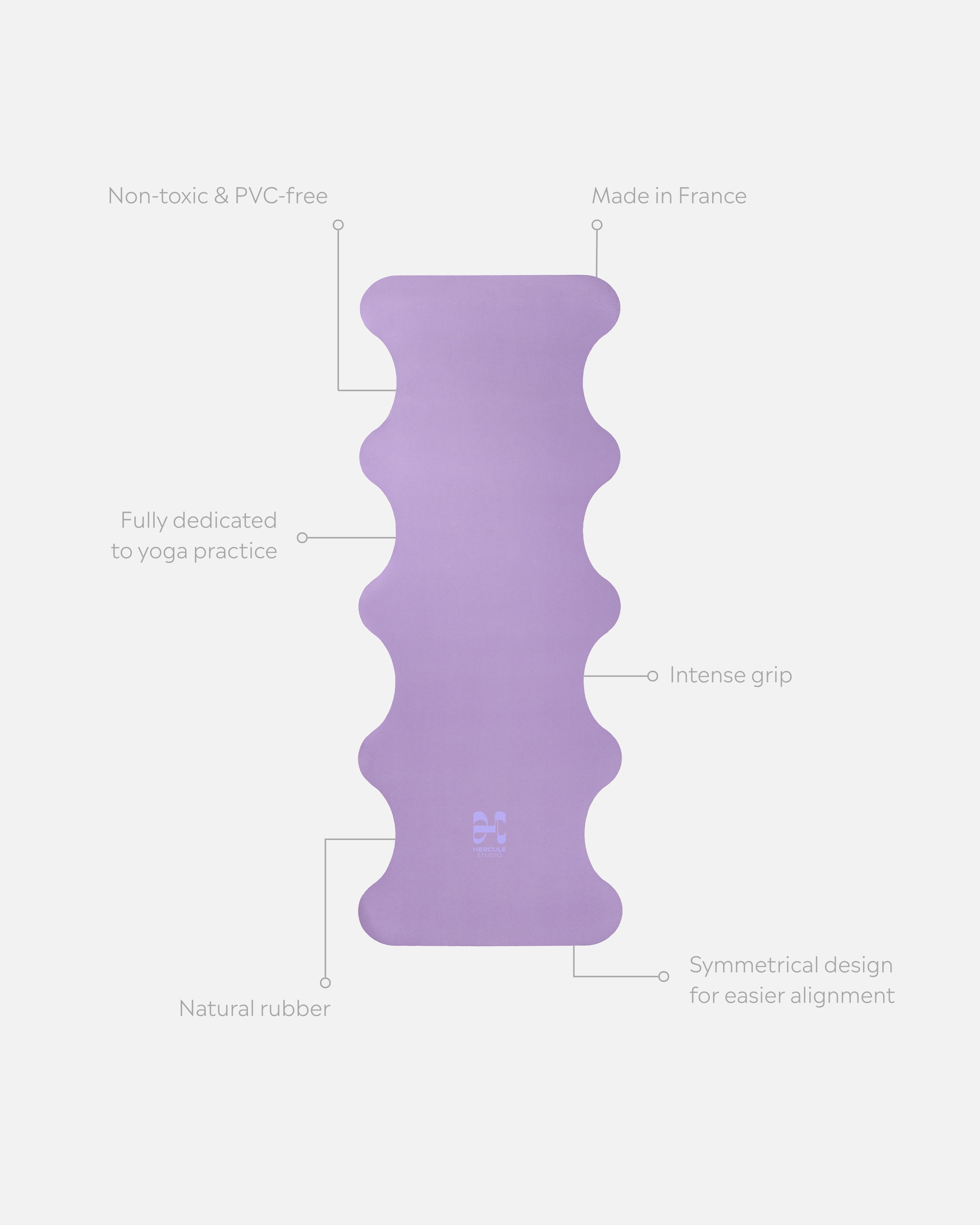 Mar Lavender Hercule Studio yoga mat unrolled with visual markers, natural rubber PVC-free, strong grip and durable wavy design