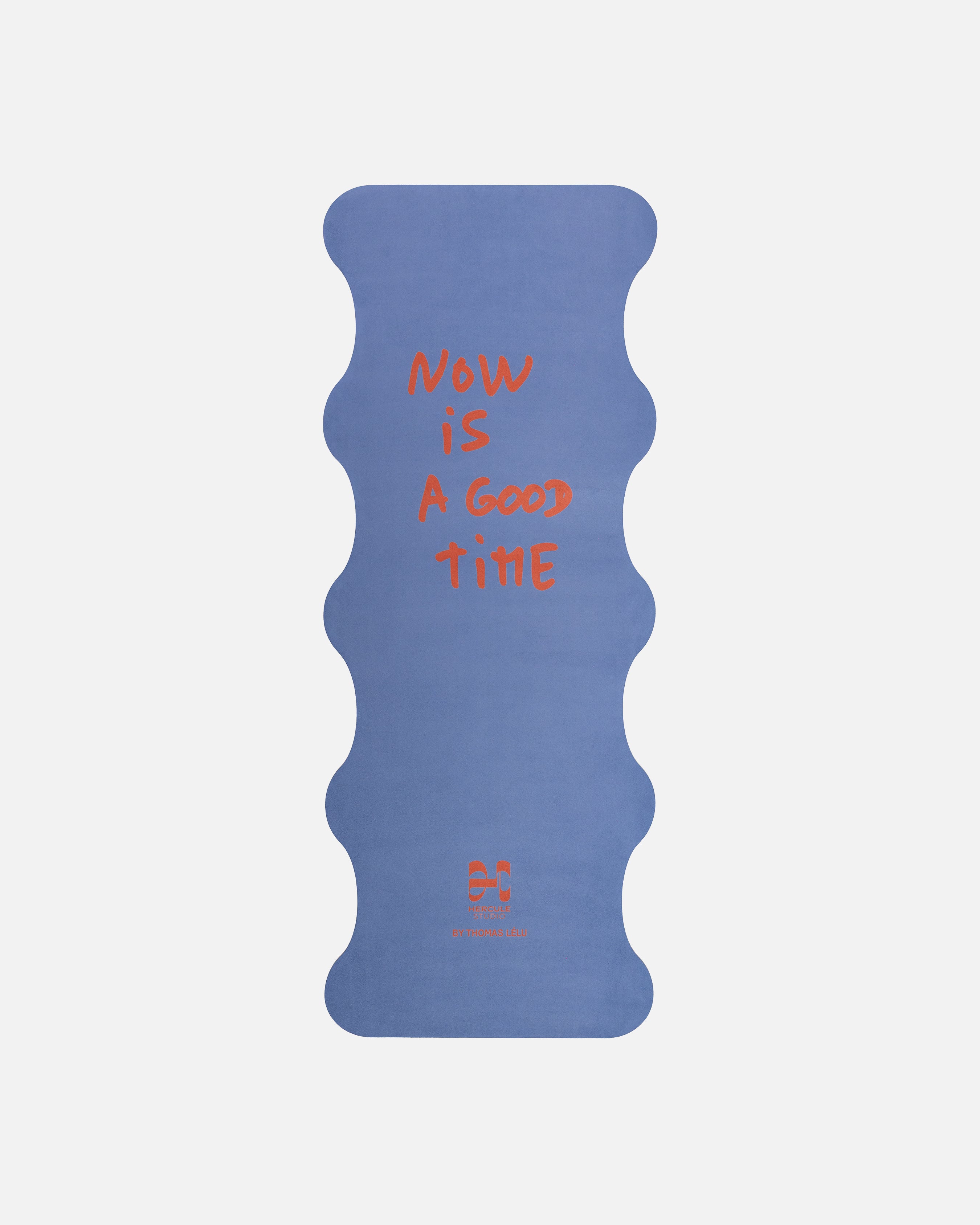 Hercule Studio Thomas Lélu quote yoga mat unrolled, blue background with red message, machine-washable suede, limited edition
