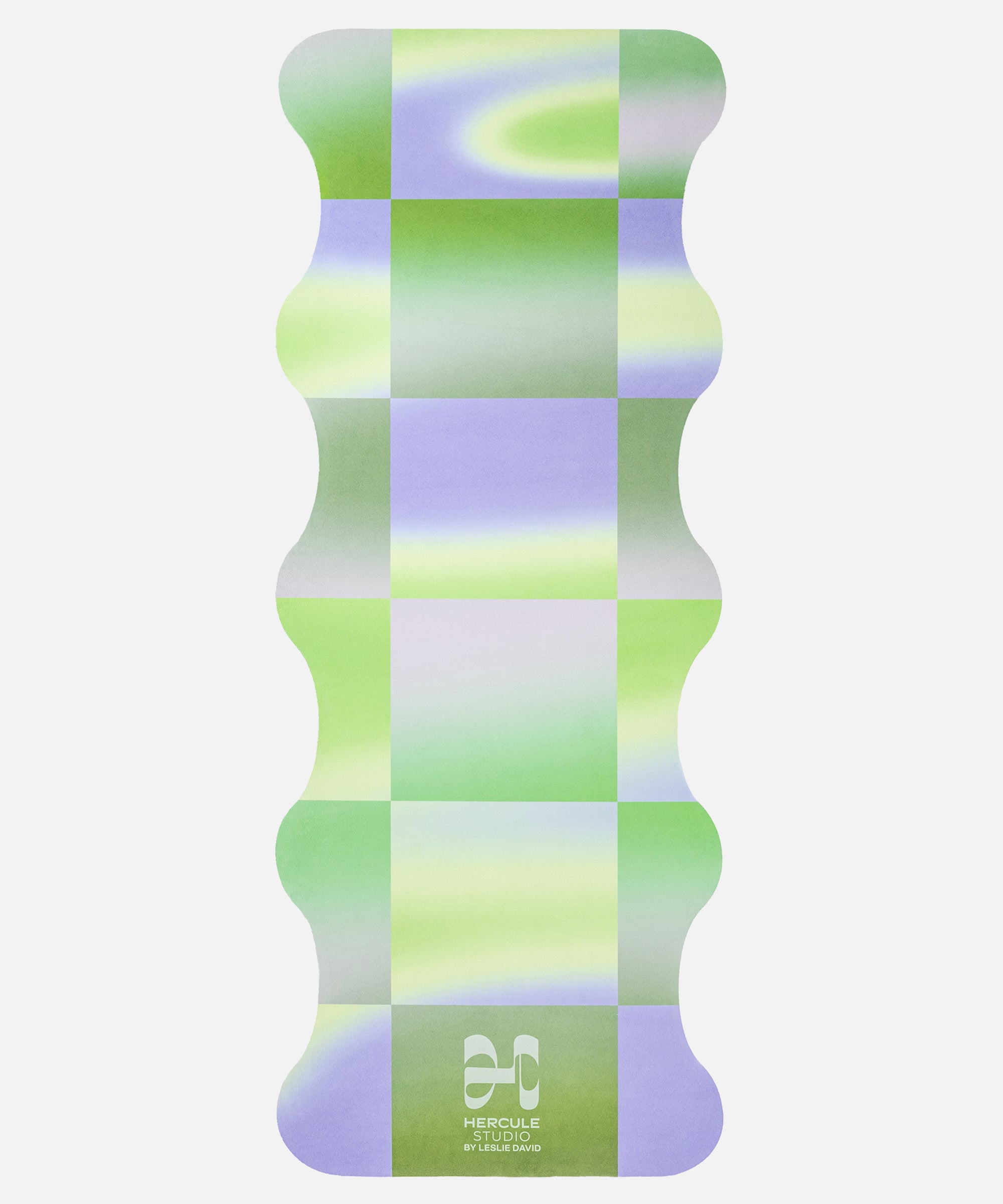Hercule Studio x Leslie David Breathe In yoga mat unrolled, machine-washable suede, blue-green-silver artistic design in limited edition