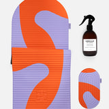 Hercule Studio Axel red orange printed essential bundle with the graphic Archy mat, the Galé 3-in-1 pad and the sport mat cleaning spray, design and responsible Pilates bundle made in France, product packshot