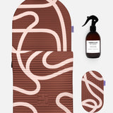 Hercule Studio Bari Choco printed essential bundle with the brown graphic Archy mat, the Galé 3-in-1 comfort pad and the sport mat sanitizing spray, durable made in France Pilates and fitness bundle, packshot