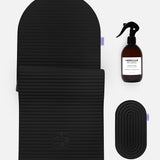 Hercule Studio Midnight Black essential sport bundle bringing together the premium Archy mat, the ergonomic Galé comfort pad and the sanitizing spray for yoga and fitness mats, complete Pilates Reformer solution Made in France, packshot view