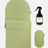 Hercule Studio pistachio green essential bundle with the ergonomic design Archy mat, the portable Galé 3-in-1 mini mat and the sport mat cleaning spray, complete Pilates and stretching bundle made in France, packshot visual