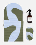 Hercule Studio Axel khaki blue printed essential bundle with the graphic design Archy mat, the Galé 3-in-1 comfort pad and the sanitizing spray, complete made in France Pilates and fitness bundle, packshot
